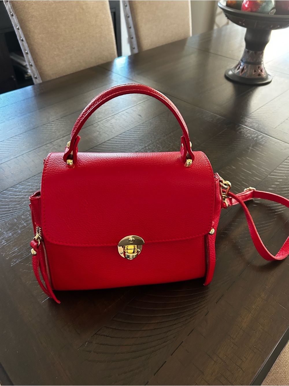 Red Top-Handle Crossbody Bag with Gold Hardware